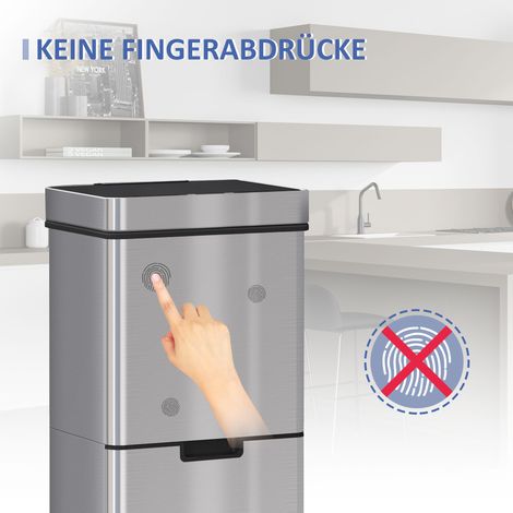 Poubelle à capteur 47L + 2 x 12,5L, corbeille automatique avec détecteur de mouvement, système de tri des déchets étanche en acier inoxydable pour cuisine, argent (1/4)