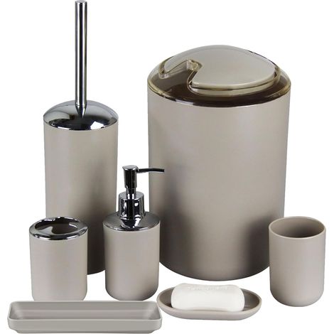 Ensemble d'accessoires de Salle de Bain, 6 pièces en Plastique, Porte-Brosse à Dents, gobelet à Brosse à Dents, Distributeur de Savon, Porte-Savon, Support de Brosse de Toilette, Poubelle (1/5)