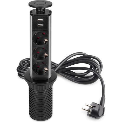 Emuca – Multiprise relevable 3 prises Schuko – Puissance 3500W – Installation facile Ø60mm – Avec 2 USB pour chargement rapide