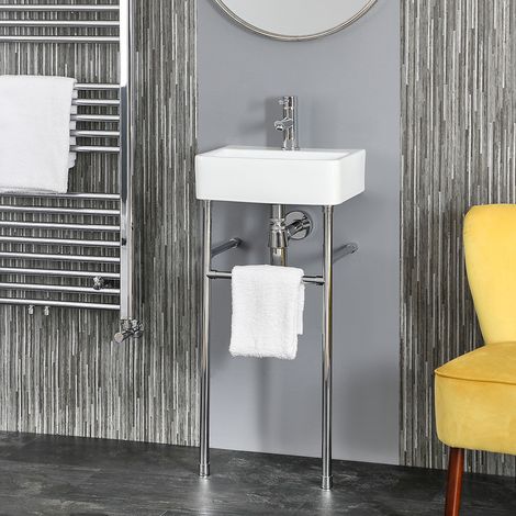 Hudson Reed – Lavabo sur colonne 40cm x 29,5cm – Céramique blanche émaillée – Pieds en acier inoxydable chromés – Pré-percé pour mitigeur monotrou