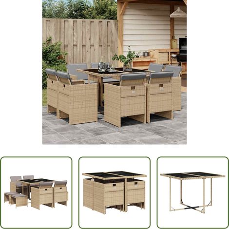 vidaXL Table de jardin - Ensemble à manger de jardin et coussins 9 pcs mélange beige (1/5)