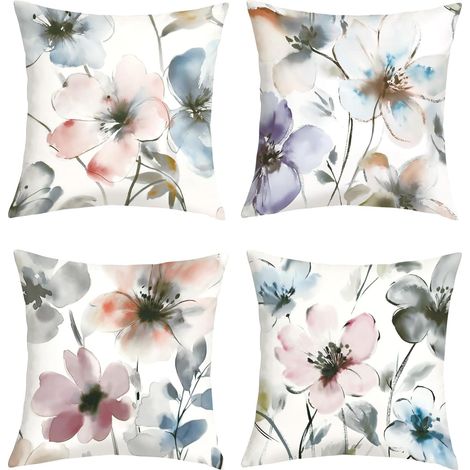 Housse Coussin 50x50 Lot de 4 Fleurs Aquarelle Vintage Abstrait (1/5)
