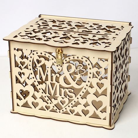 Boîte à cartes de mariage avec serrure, porte-cadeau en bois rustique pour réception d'anniversaire, fête prénatale (1/5)