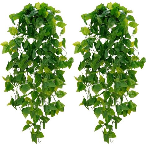 Plantas colgantes artificiales, juego de 2, plantas trepadoras verdes falsas para decoración de paredes interiores y exteriores (sin canasta). (1/4)