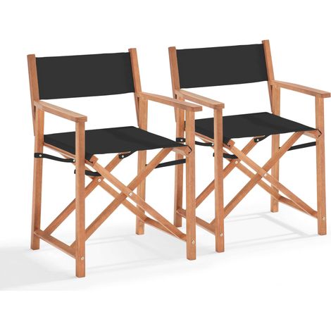 Lot de 2 chaises pliantes en bois d'eucalyptus et textilène noir (1/5)