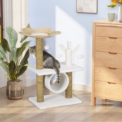 Arbre à chat avec griffoir en sisal naturel, tunnel, plateforme, style cosy chic, polyester peluche, 56 x 40 x 91 cm, beige (1/5)