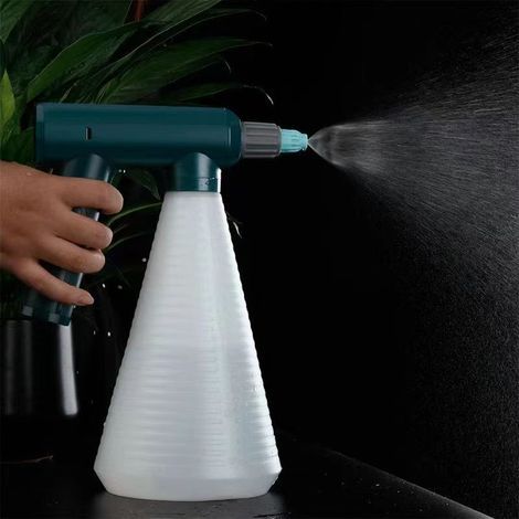 Bouteille de pulvérisation d'eau électrique 1L, ergonomique, USB, poignée confortable, arrosage pour plantes, jardin, buse courte verte (1/5)