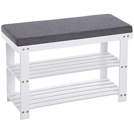 Banc à chaussures en bambou, étagère à chaussures à 2 niveaux, organisateur de chaussures stable pour entrée, salon, banquette jusqu'à 150 kg, 71 x 29 x 49 cm, blanc et gris lbs604W01 (1/5)