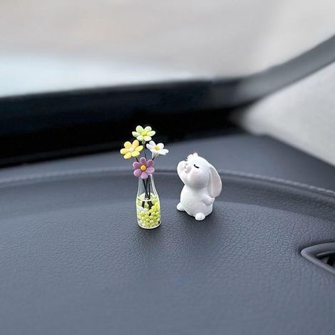 Set di fiori e coniglio - Decorazione per auto - Design carino - Materiale resistente - Immagine di coniglio - Ornamenti per auto (1/4)