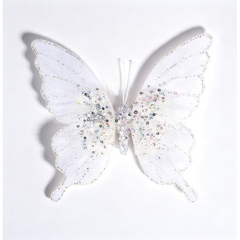 Décoration papillon de Noël blanc à paillettes et plumes, clip pour sapin de Noël (1/3)