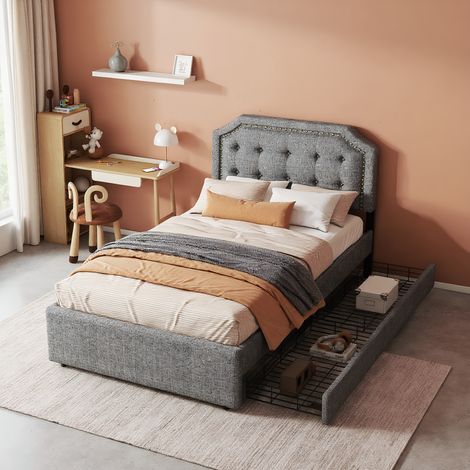 Polsterbett 90x200 cm, Einzelbett mit höhenverstellbares Kopfteil, Modernes Jugendbett mit 2 Schubladens, Bettgestell mit Lattenrost, Leinen Grau, Ohne Matratze