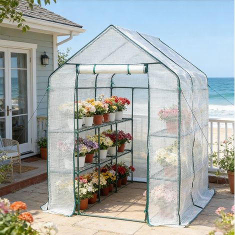 REDOM invernadero para tomates 143x215x195 cm, puerta frontal con cremallera, cubierta UV, polietileno y acero blanco (1/5)