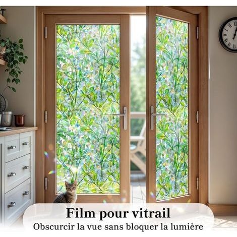 Fensterfolie mit Buntglas-Optik, blendfreier Regenbogeneffekt, 30 x 100 cm, grünes Blattmuster, elektrostatisch haftende, dekorative Fensterfolie, UV-beständiger Sichtschutz für Schlafzimmer und Küche (1/4)