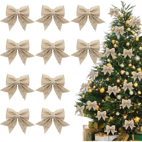 Noeud Champagne GoldNoel, 10 Pièces Arcs de Noël Pailletés, Noeud de Ruban de Noël, Noeud Sapin Noel, Noeuds Pailletés, Decoration Sapin Noel