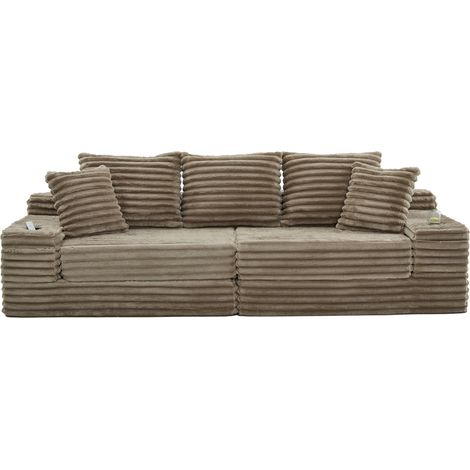 Canapé en velours côtelé avec dossier haut, poches latérales et porte-boissons, convertible en canapé-lit, couleur kaki (1/5)