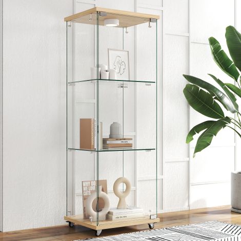 Vitrina, estante de vidrio templado con cajones, iluminación LED, una puerta, cuatro estantes, para salón y dormitorio, negro - 42.5x36.5x167 cm (1/5)