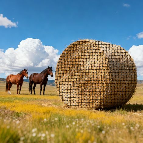 Filet à Foin Balle Ronde 1,8x1,8x1,8 m Filet Balle Foin Cheval PE pour Alimentation Lente Chevaux, Maille 4,2 cm sans Nœuds Attaches Autobloquantes Navette Aiguilles Ficelle Réparation et Sac (1/5)