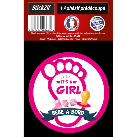 ADHESIF PRE DECOUPE "BEBE A BORD - IT'S A GIRL" X1 Ø 8 CM