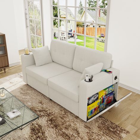 Sofá de 2 plazas 172x75x82 cm beige en chenilla con cajones, puertos USB, portavasos y bolsillos laterales (1/5)