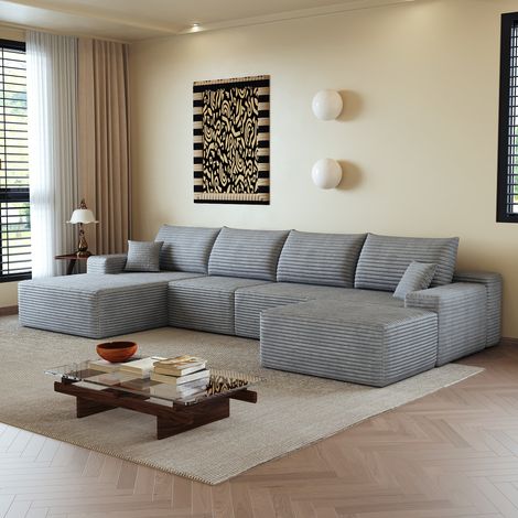 Divano angolare modulare a 4 posti con pouf removibile in velluto a coste, compresso, non richiede montaggio, 340x175x83 cm, grigio (1/5)