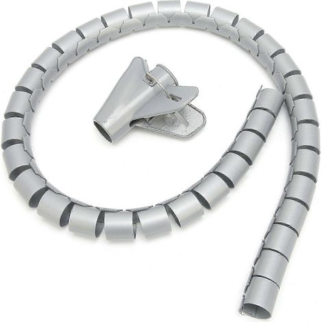Gaine spiralée organiseur de câbles, tube protecteur enroulable gris 16mm, 10m avec clips, gestion de fils ouverte type manchon flexible. (1/4)