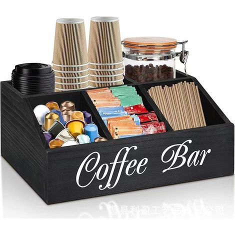 Boîte de rangement en bois pour capsules de café, multi-compartiments, organiseur pour sachets et dosettes de thé, noire (1/5)