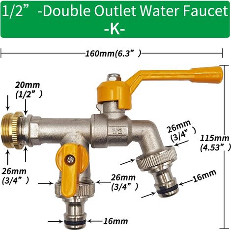 (K-1pcs) Adaptateur de robinet pour tuyau d'arrosage 1/2'', connecteur pour réservoir d'eau IBC, irrigation 2 voies/1 voie, raccord de remplacement en laiton avec vanne à bille (1/5)