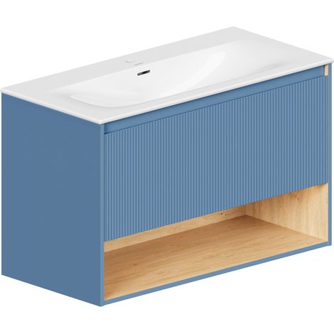 BERNSTEIN - Mueble lavabo suspendido MDF Azul celeste mate, lavabo DURAVIT Blanco brillo, orificio grifería, rebosadero, desagüe 103x49x62cm - BELDIVO Azul celeste mate (1/5)