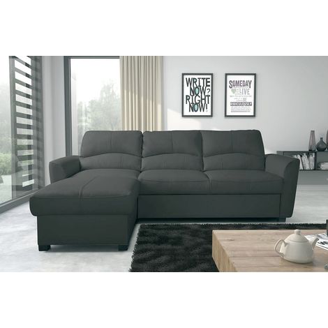 - Canapé d'angle convertible en cuir de luxe italien , 5 places LUGANO, gris foncé, angle gauche (1/4)