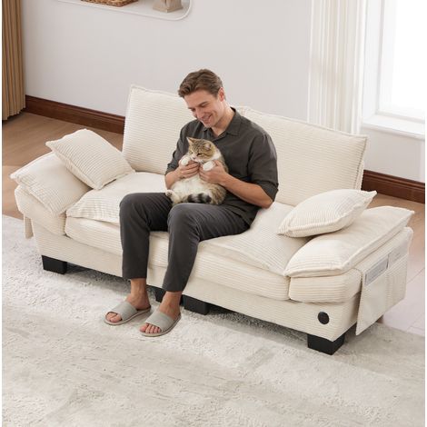Sofá 2 plazas 190x73x84 cm beige en pana con USB-C y bolsillos laterales (1/5)