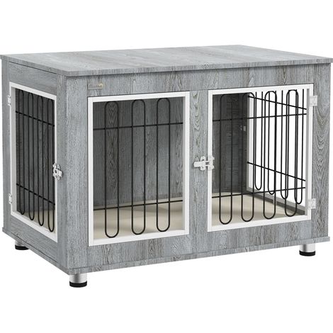 Cage pour chien avec coussin, double porte, bois et acier, 90 x 58 x 65 cm, gris, pour chiens moyens (1/5)