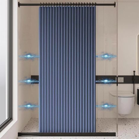 Rideau de douche pliable et imperméable, rideau de douche magnétique, rideau de douche en lin épais, non doublé,bleu, 180 cm x 200 cm (1/5)
