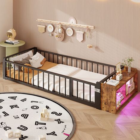 Lit enfant métal 90x200 cm, garde-corps, casiers de rangement, bandes LED, cadre fer, sans matelas, noir