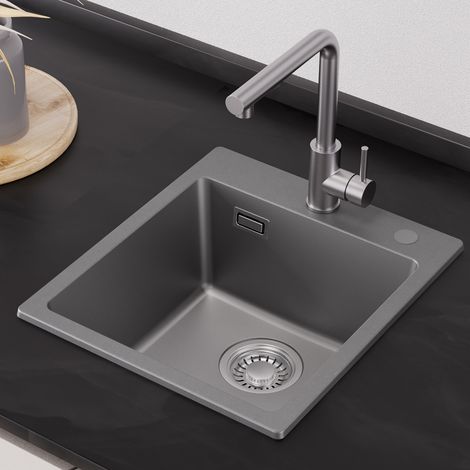 Évier de cuisine CECIPA MAX en résine 40x45 cm - Petit évier encastrable gris moderne avec siphon, bonde de vidage et trop-plein intégré (1/5)