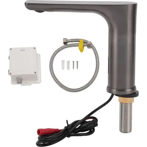 Robinet électronique sans contact, alimenté par piles, pour lavabo vertical de salle de bain, filetage mâle G1/2, gris anthracite. (1/3)
