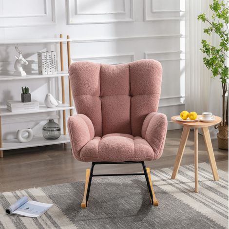 Fauteuil à bascule en tissu teddy rose 70 x 80 x 95 cm avec accoudoirs rembourrés (1/5)