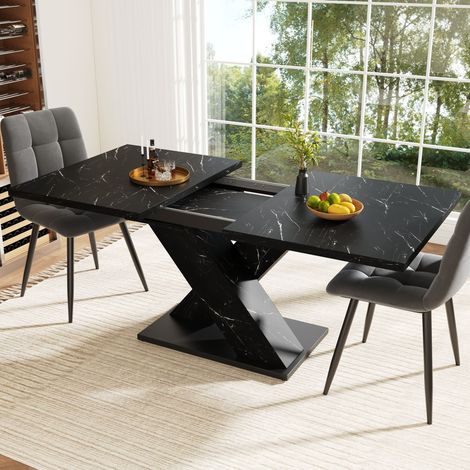 Table à manger extensible 119,5/159x80 cm, 4-6 personnes, plateau effet marbre, pieds croisés en X, rails métalliques - Noir (1/5)