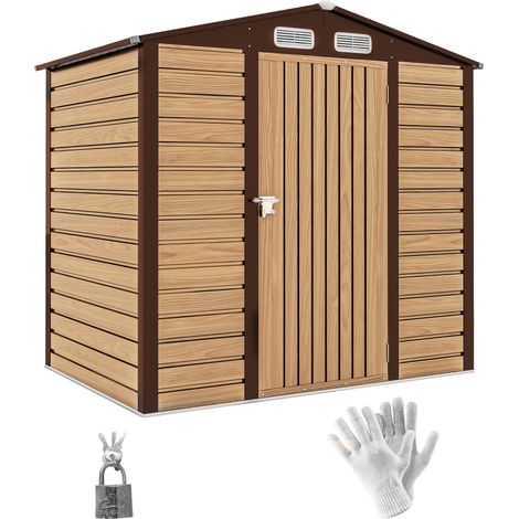 Casetta da giardino 190 x 131 x 188 cm porta sicura ventilazione anticondensa contemporanea in acciaio zincato rovere 210005461