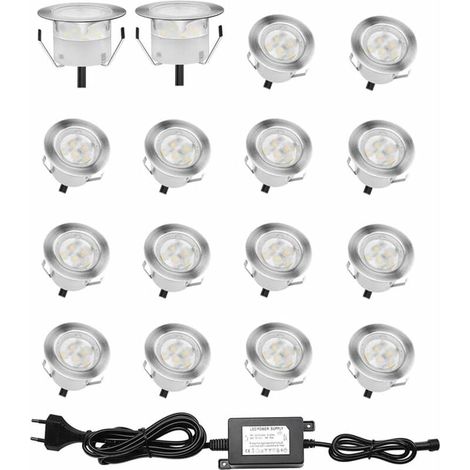 [NON UTILIZZATO] Set di 16 faretti LED da incasso per pavimenti in legno, IP67 impermeabili, faretti da incasso per esterni, 0,6 W DC12 V, luce bianca, kit mini lampada per alzate di scale e soffitti  (1/4)