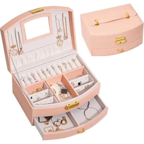 Boîte à bijoux double couche pour enfants, style princesse rose, avec miroir (1/5)