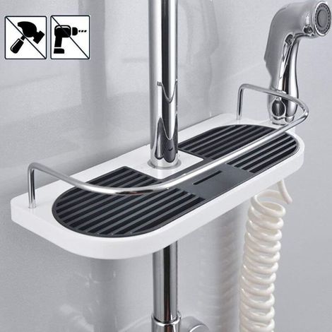 Étagère de Douche Télescopique,Tablette de Douche Poteau Réglable en Alliage d'aluminum avec 2 Crochets Serviettes,Montage Sans Perçage,Organiseur de Salle de Bain,19-25mm (1/5)
