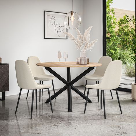 Malvern Round Dining Table And Chairs - Oak Table Top w Solid Oak Black Legs + Maya Boucle Dining Chair Set Of 4 (Ivory White) (1/5)