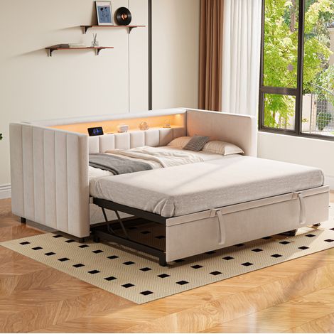 Banquette lit gigogne extensible 90 à 180x190 cm - Canapé-Lit 2 places en Velours beige- sans matelas (1/5)