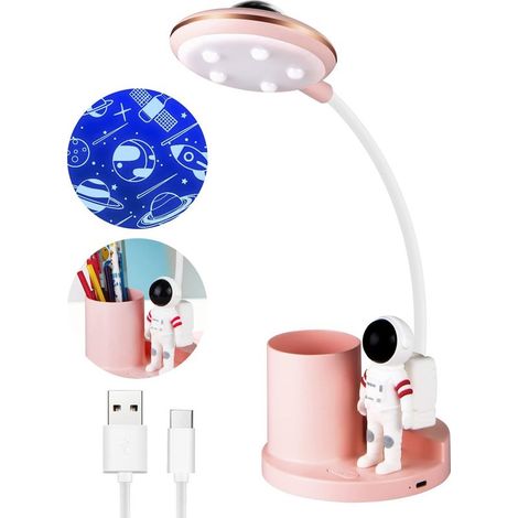 Lampe de Bureau Enfant LED 5W, Lampe de Table Sans Fil Dimmable Rechargeable avec Porte-stylo et Projection, Lampe de Lecture Liseuse Col de Cygne Flexible pour Bureau Salle D'étude (rose)-b (1/5)