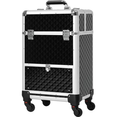 Valise noire à roulettes pour maquillage avec tiroir 34x25x62 cm pour voyage et travail, rangement professionnel design sobre pour esthéticienne pratique et mobile