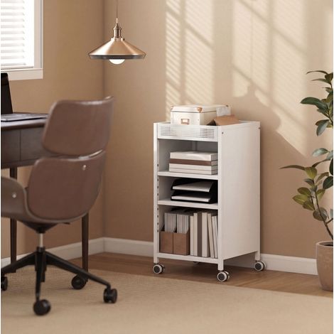 Scaffale libreria con ruote 35x34x69.5 cm, 2 ripiani regolabili e cestello superiore, in metallo bianco (1/5)
