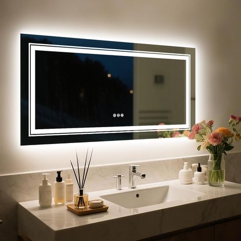 Specchio Bagno LED 120x80cm Luce Retroilluminato + Frontale, Piu luminoso, Specchio Smart Rettangolare touch, Dimmerabile 3 Colori, Antiappannamento