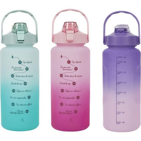 Lot de 3 Gourdes 2L Motivation Etanches et Graduées avec Sangle - Rose Bleu Violet - Livraison gratuite (1/5)