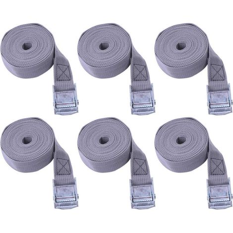 Lot de 6 sangles d'arrimage 25mm x 2m beige gris avec cliquet pour transport