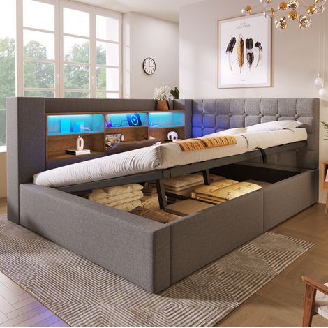 Letto contenitore 140x190 cm grigio in lino con LED, prese USB e testiera reversibile (1/5)